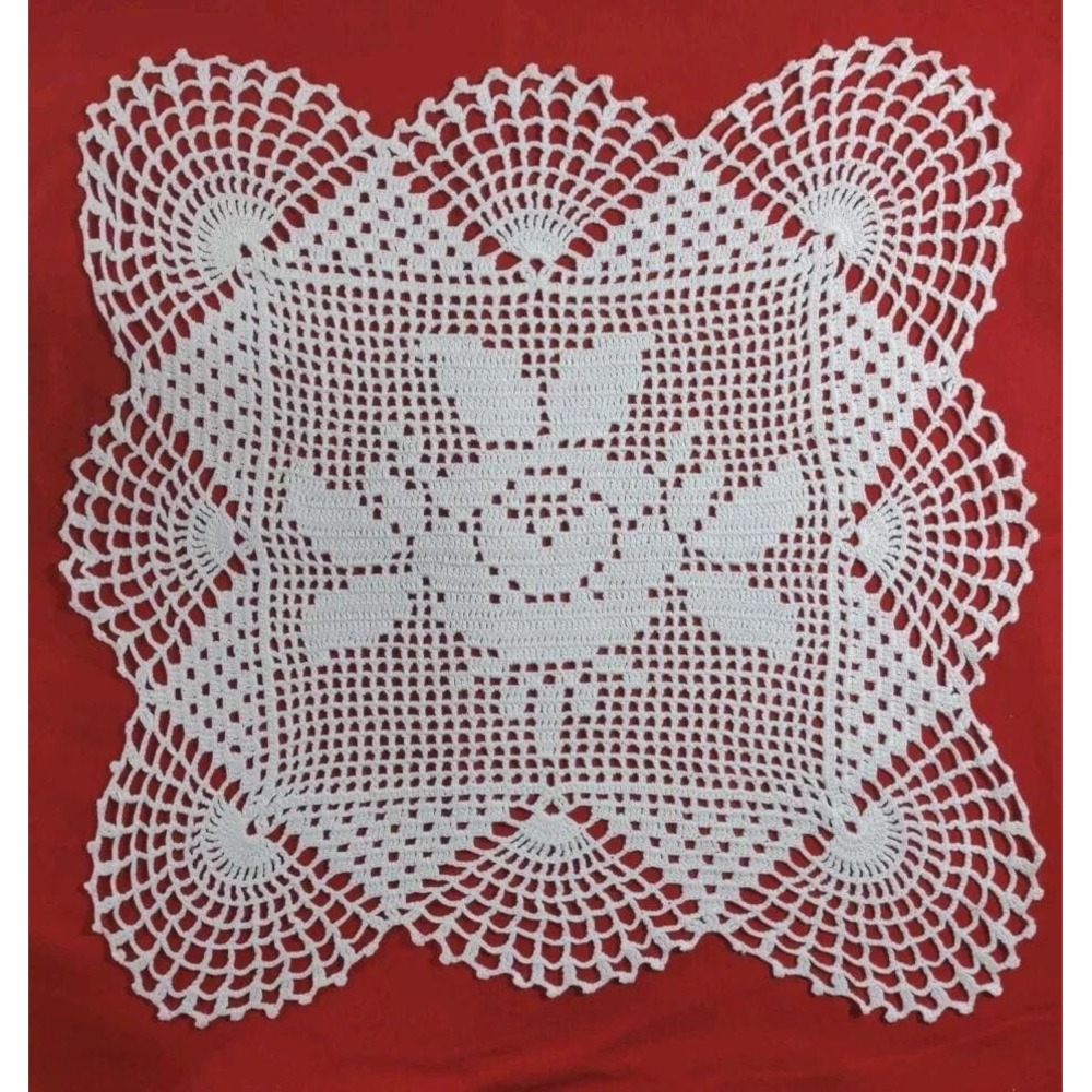 Vintage Doilie with beautiful rose in center white 16 x 16